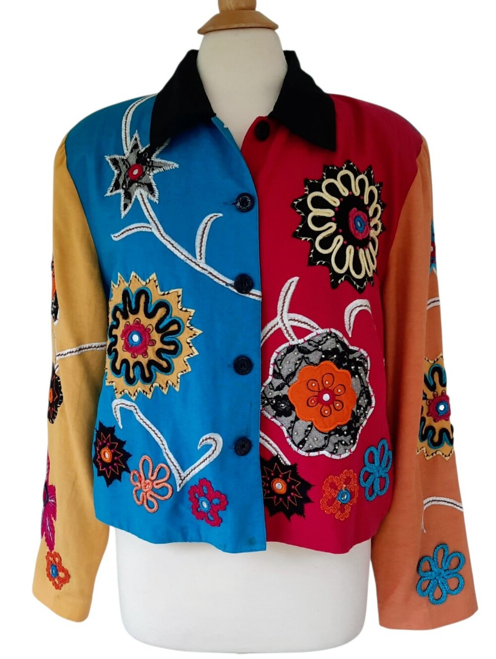Vtg TUNIQUE Colorblock Floral Embroidered Cropped Cotton Jacket Multicolor Sz L